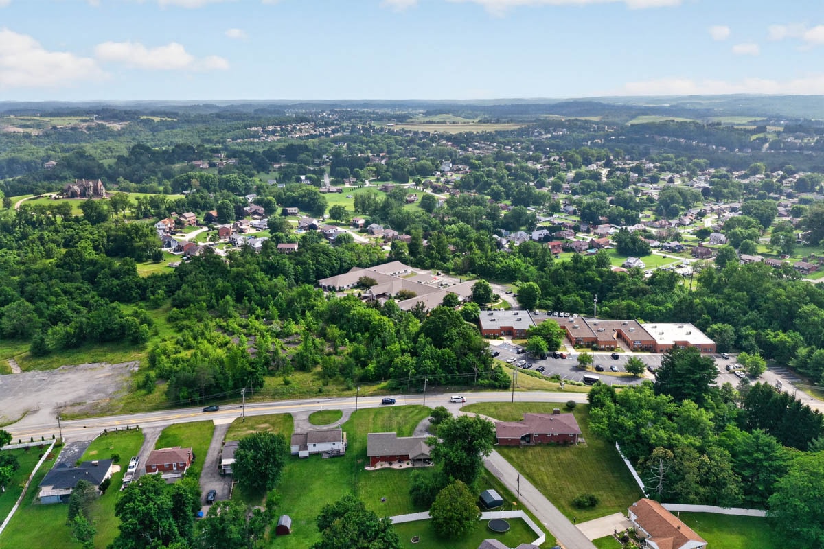 Aerial view of Golden Heights community and nearby town