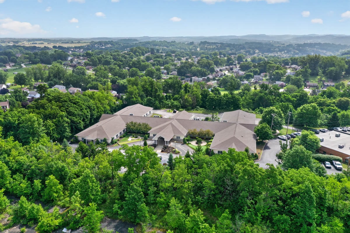 Aerial view of Golden Heights community and hills