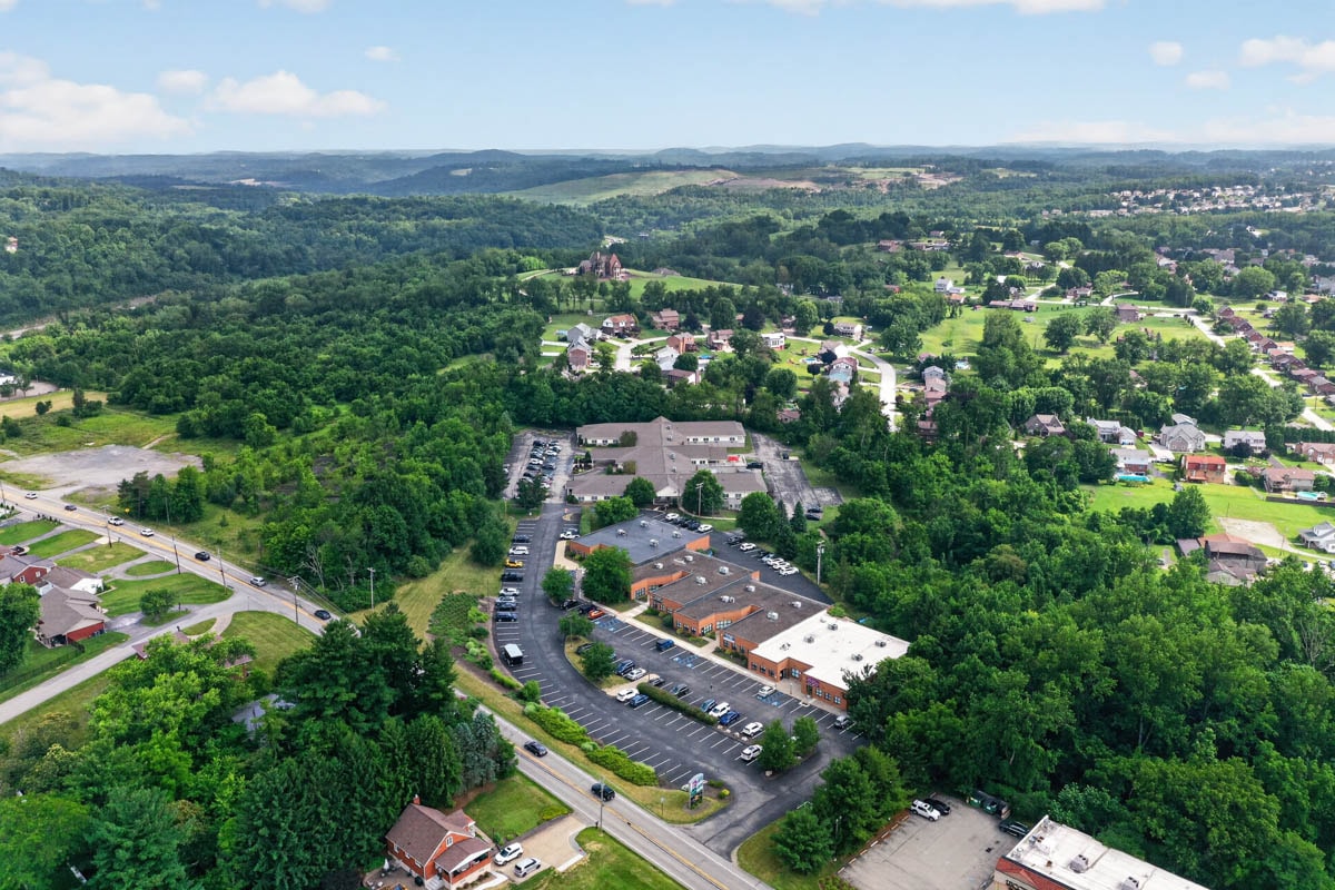 Aerial view of town and rolling hills near Golden Heights