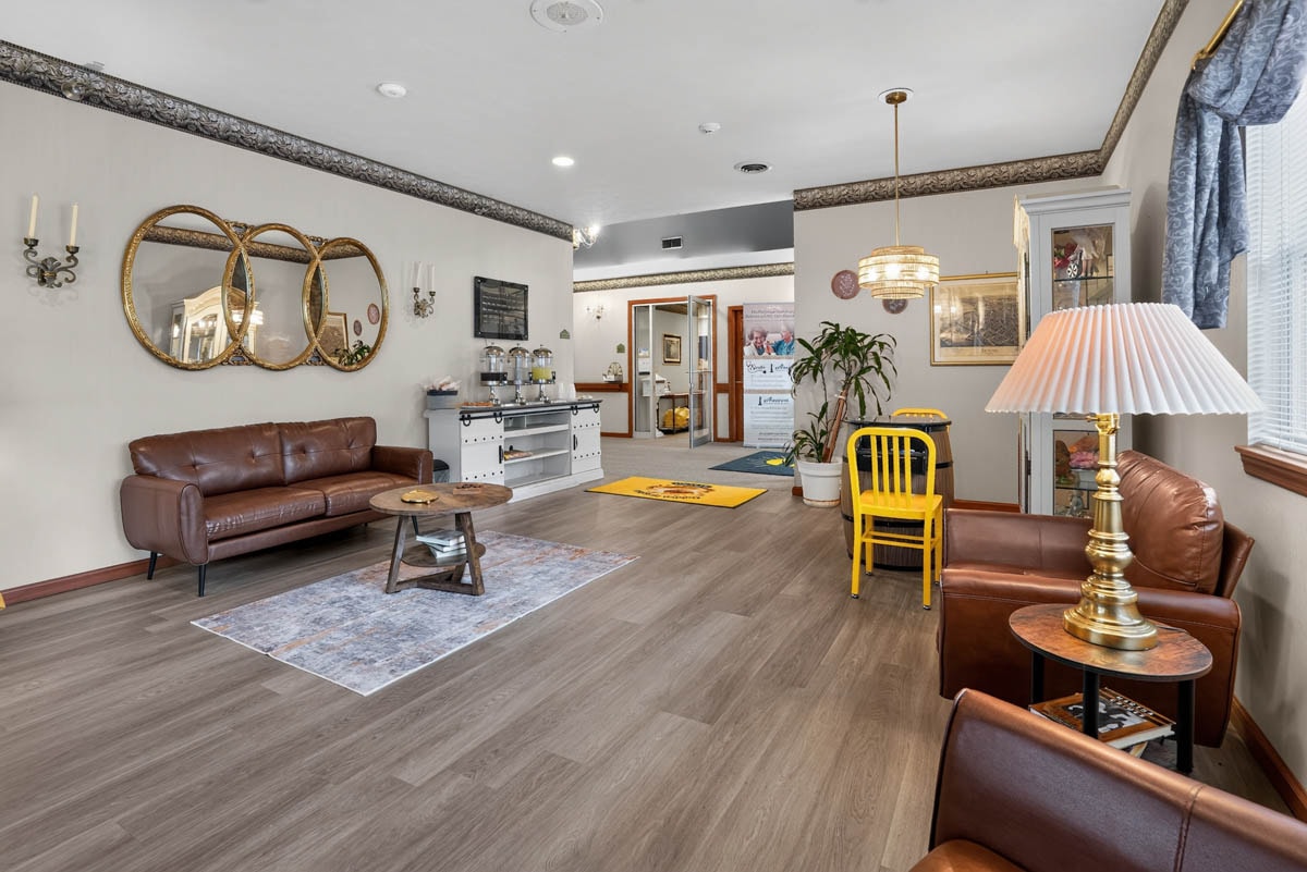 Welcome lounge with leather seating at Golden Heights