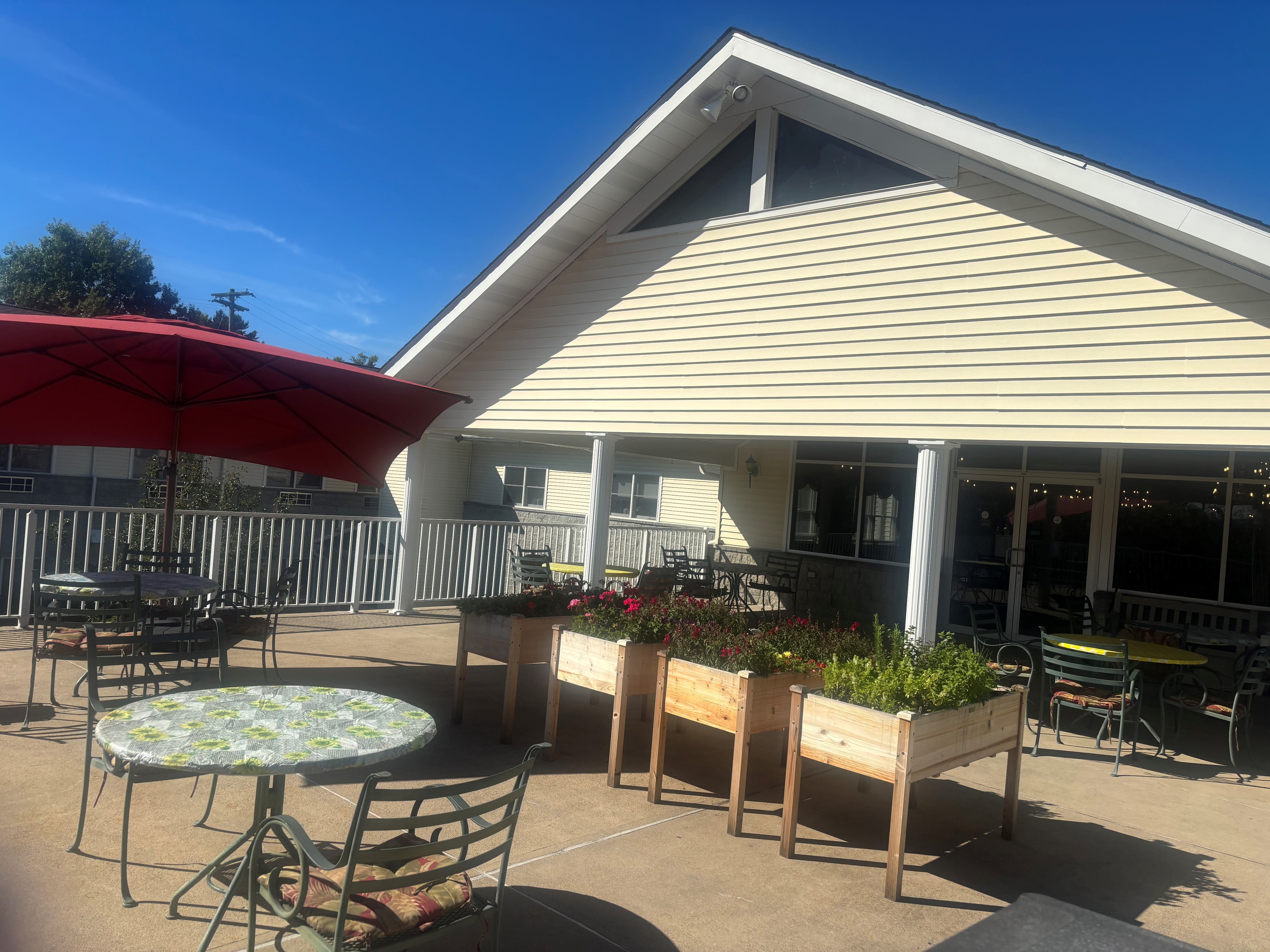 Rear terrace with garden planters and seating at Golden Heights
